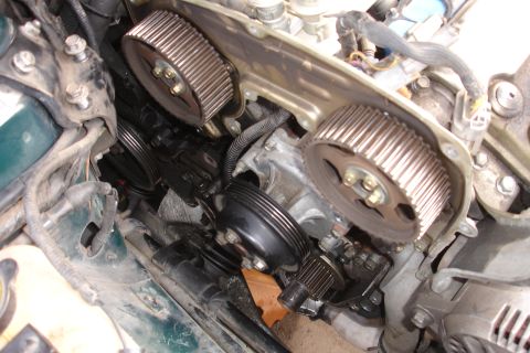1995 Ford Taurus - Close-up view of engine timing belt and pulleys, likely during maintenance or repair.