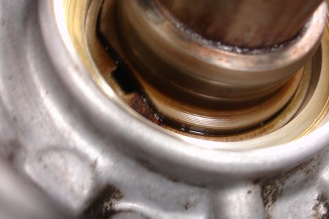 1995 Ford Taurus - This is a close-up view of an engine seal, showing signs of wear and oil accumulation.