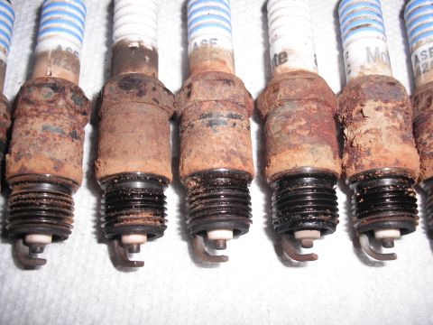 1991 Ford Bronco - Several used spark plugs, showing significant rust and wear on their metal components.