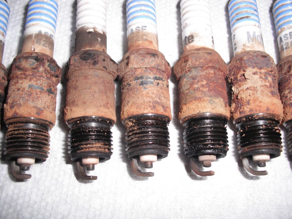 Row of rusty spark plugs with blue and white striped insulators