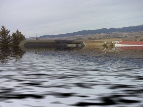 1969 Ford Mustang - A truck bed cover is partially submerged in floodwaters, with a rural landscape visible behind it.