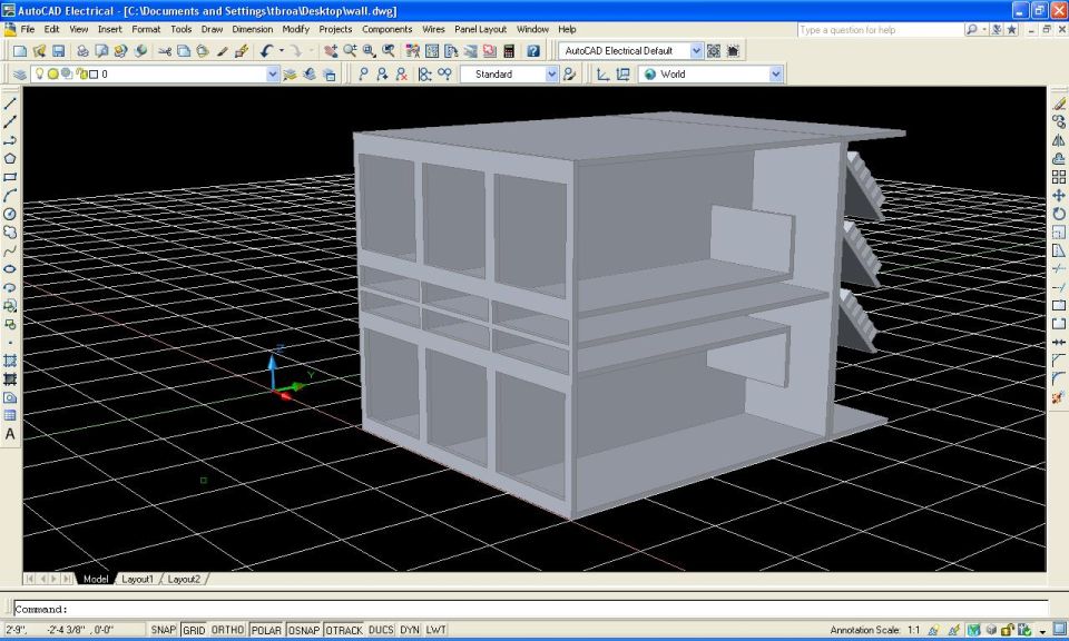 AutoCAD software screenshot showing a 3D two-story building model