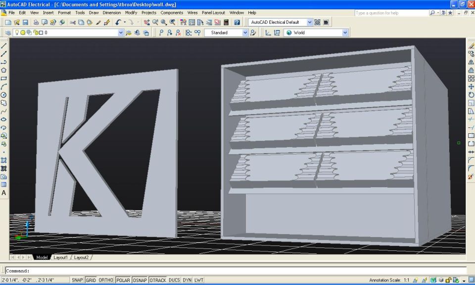 AutoCAD software screenshot showing a 3D model with a letter K cutout