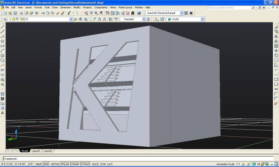 AutoCAD software screenshot showing a 3D box model with a K cutout