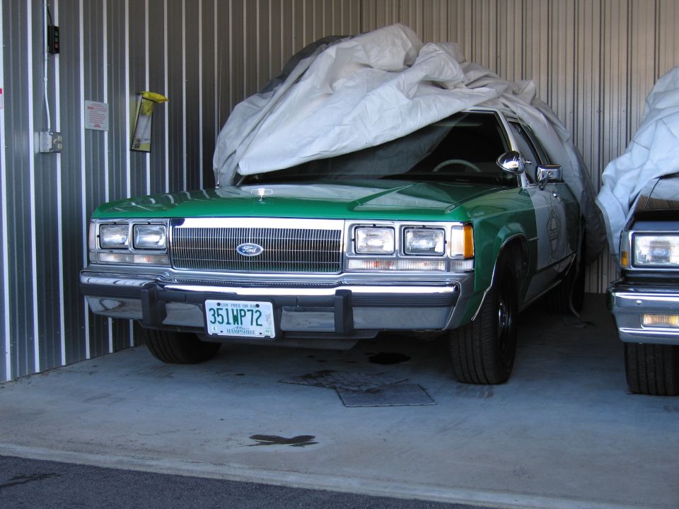 Green and white car front view, partially covered by a tarp