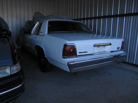 1991 Ford LTD Crown Victoria - Rear view of a white sedan parked indoors, showing its chrome bumper and taillights.