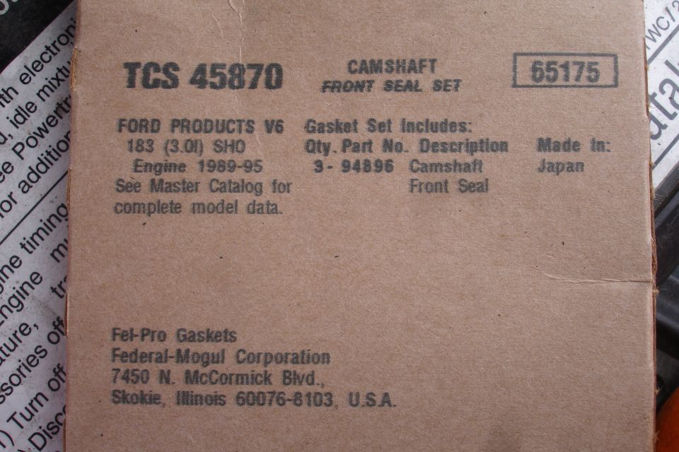 Photo of a Fel-Pro camshaft front seal set box label, part TCS 45870