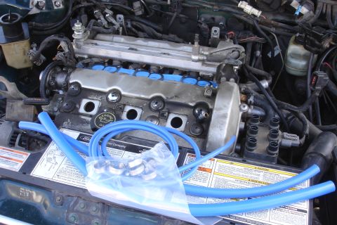 1995 Ford Taurus - Blue silicone hoses and clamps are laid out in the engine bay of a Ford vehicle.