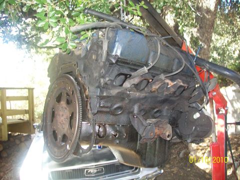 1973 Ford Ranchero - Engine removed from a vehicle, suspended by a hoist. Date stamp indicates 01/16/2010.