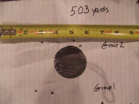 1996 Ford Bronco - This image shows a target with bullet holes, a tape measure, and handwritten notes indicating a distance of 503 yards.