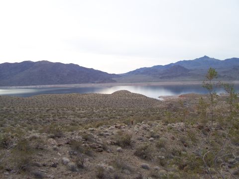 1978 Ford Bronco - A wide view of a desert scene a lake and distant mountains, with sparse vegetation in the foreground.