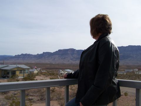 1978 Ford Bronco - A woman gazes at the expansive desert vista, with mountains forming a dramatic backdrop under a cloudy sky.