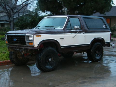 1982 Ford Bronco - This lifted Ford Bronco, likely from the early 1980s, is shown from a three-quarter front angle on a wet surface.