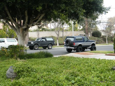 1982 Ford Bronco - Two lifted Ford Broncos, one black and one blue/silver, are seen driving on a residential street.