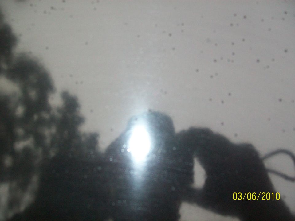 Reflection of a person and trees on a dark car surface with a bright light flare