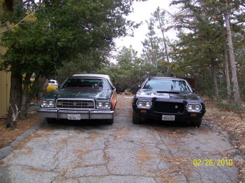 1973 Ford Ranchero - A pair of Ford Rancheros, one green with wood paneling and the other black, are parked side-by-side on a cracked asphalt driveway.