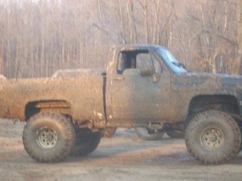 1979 Ford Bronco - A heavily mud-splattered pickup truck is seen from the side, parked in a wooded area.