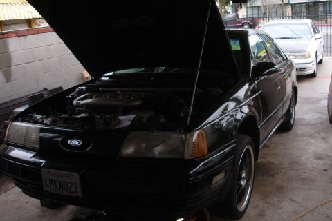 1993 Ford Taurus - Black Ford Taurus SHO with hood open, engine visible. Another car is parked behind it.