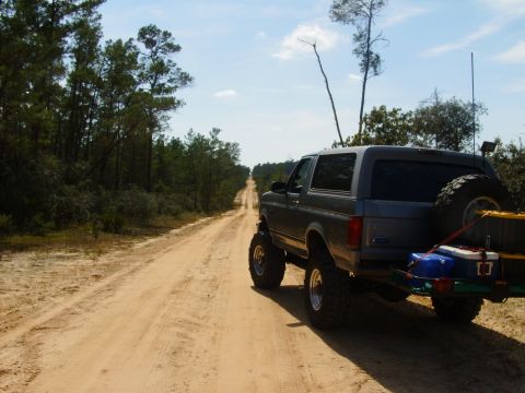 1995 Ford Bronco - 1995 Ford Bronco travels down a long dirt road with trees on either side under a blue sky.