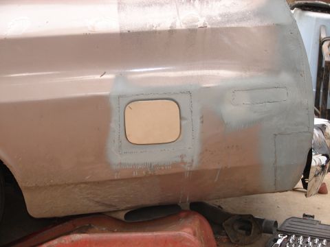 1973 Ford Ranchero - This vehicle's body panel is undergoing repair, with a fuel door visible on the side.