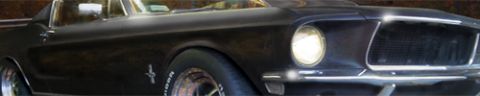 1968 Ford Mustang - A black 1967 Ford Mustang coupe is visible from the front quarter, showing its grille and headlight.