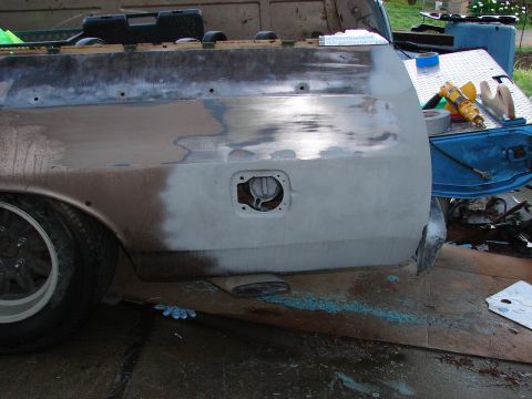 1973 Ford Ranchero - Vehicle bodywork in progress, focusing on the rear quarter panel and fuel filler area.