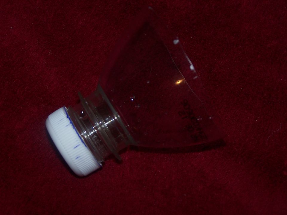 Cut-off clear plastic bottle top with white cap used as a funnel on red carpet