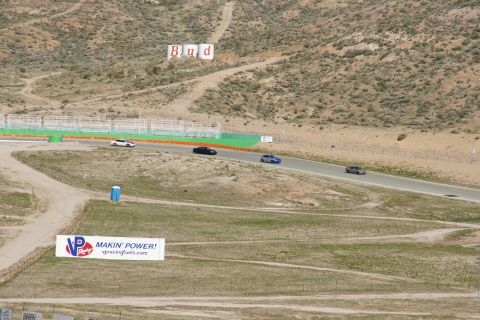 1995 Ford Taurus - Several cars are driving on a race track in a dry, hilly area. A large Budweiser sign is visible on the hillside.