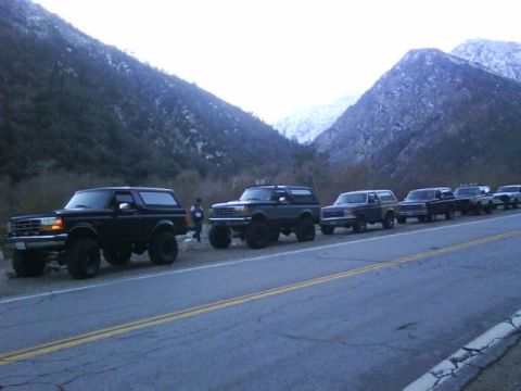 1990 Ford Bronco - Several Ford Broncos and trucks are lined up on a mountain road with snowy peaks in the background.
