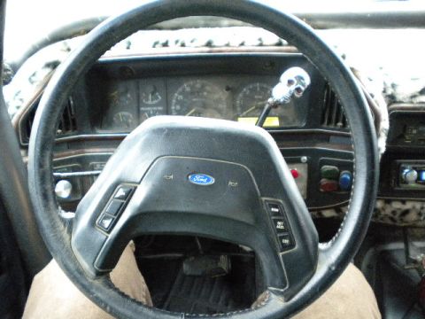 1989 Ford Bronco - Interior view of a vehicle's dashboard and steering wheel, a skull gear shift knob and Ford emblem.