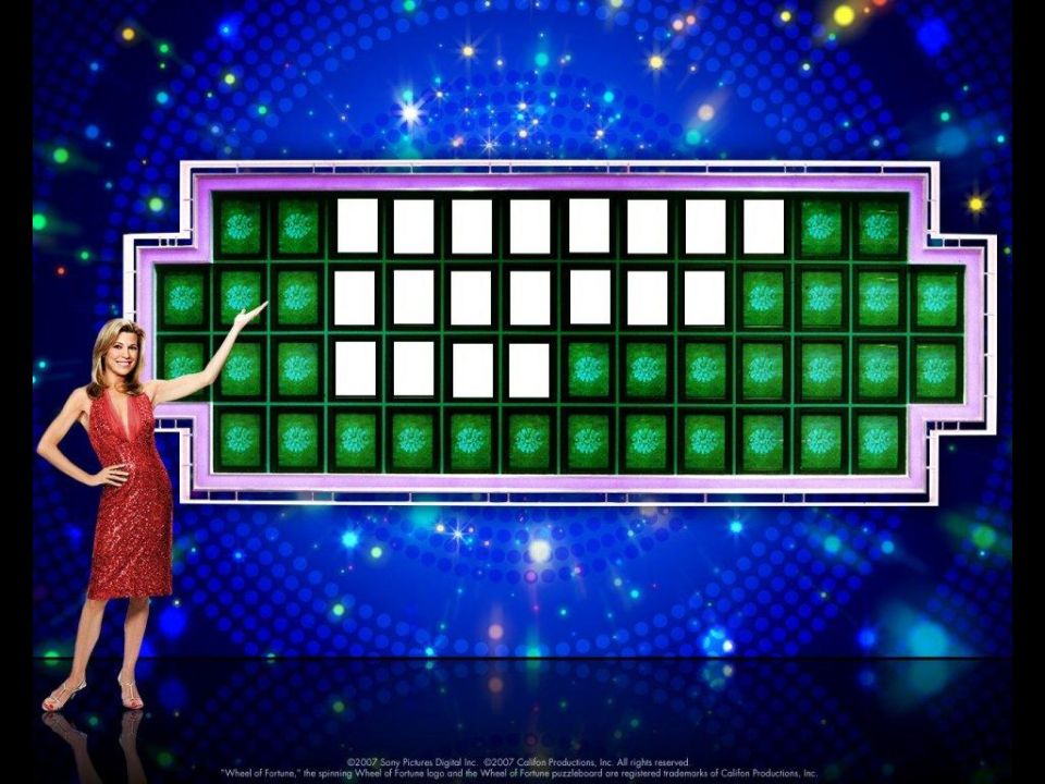 Wheel of Fortune puzzle board with a woman in a red dress pointing to it