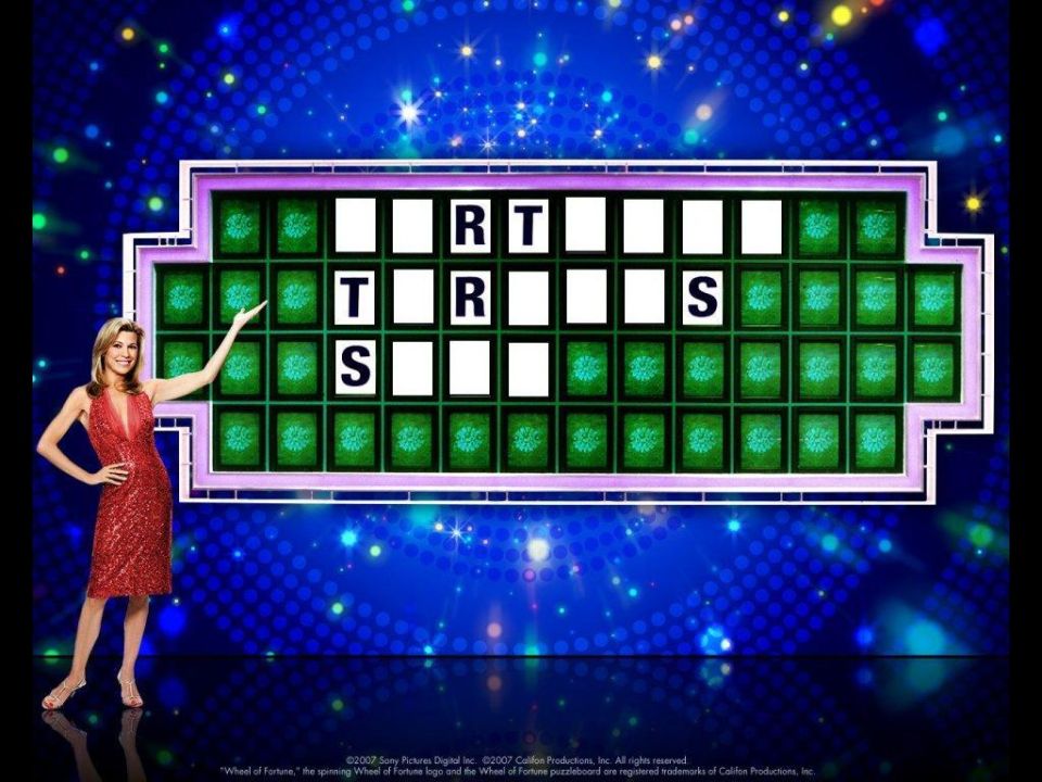 Wheel of Fortune puzzle board with letters T, R, S visible, and a woman in a red dress