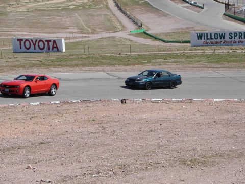 1992 Ford Taurus - A teal sedan with a black hood and wheels drives on a race track next to a red car.