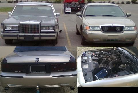 2000 Mercury Grand Marquis - A gold Mercury Grand Marquis is shown from multiple angles, including its engine bay, alongside another sedan.