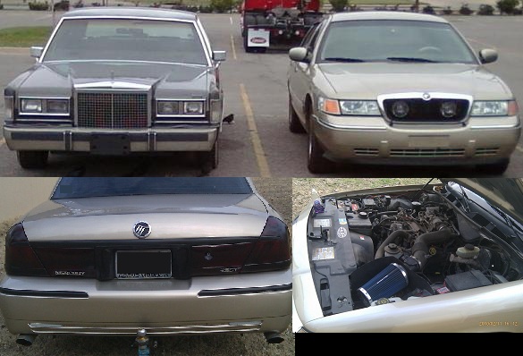 Two sedans parked, one is a gold Mercury Grand Marquis seen from the front and rear, the other is a grey sedan seen from the front. The gold car's hood is open revealing the engine