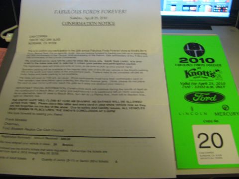 1996 Ford C-350 (Centurion Conversions) - Confirmation notice and event ticket for Fabulous Fords Forever at Knott's Berry Farm.