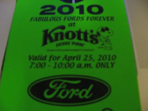 1996 Ford C-350 (Centurion Conversions) - This document advertises the '2010 Fabulous Fords Forever' event at Knott's Berry Farm, valid for April 25, 2010.
