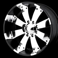 2008 Ford F-250 - Aftermarket wheel with a black rim and chrome spokes against a black background.