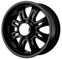 2008 Ford F-250 - A black alloy wheel with a chrome center cap is shown against a white background.