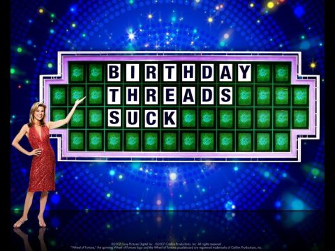 1971 Ford Ranchero - The Wheel of Fortune puzzle board displays the message "BIRTHDAY THREADS SUCK" with the host standing to the left.