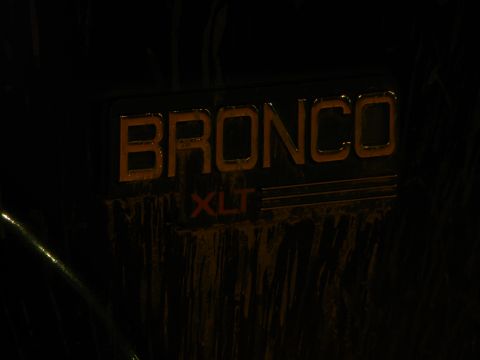 1995 Ford Bronco - A close-up of a Bronco XLT badge on a dark vehicle, showing dirt and water streaks.