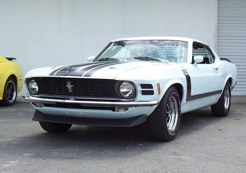 1970 Ford Mustang - 1 of 51 Pastel Blue Boss 302's. This is what it looked like when new: Magnums, Spoilers and Slats