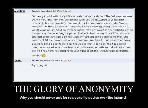 1989 Ford Bronco - A forum discussion about relationship advice is presented under the title 'The Glory of Anonymity'.