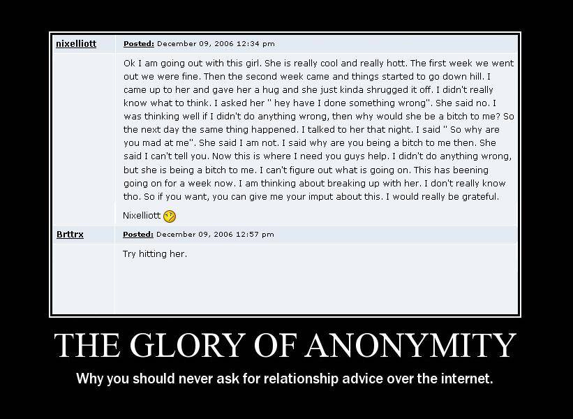 Forum post titled 'THE GLORY OF ANONYMITY' discussing relationship advice