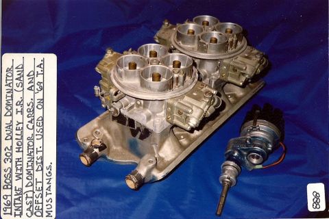 1973 Ford Mustang - Dual Dominator intake manifold and distributor assembly, noted as being from a 1969 Mustang.