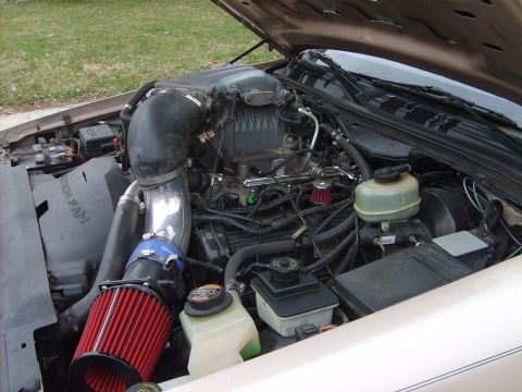 1993 Ford Crown Victoria - Engine bay of a Ford sedan photographed with the hood up, showing a V8 engine with two aftermarket red cone air filters mounted on polished…