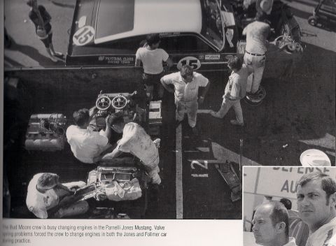 1973 Ford Mustang - Pit crew changes engines on a race car during practice, with a smaller inset photo of two men.