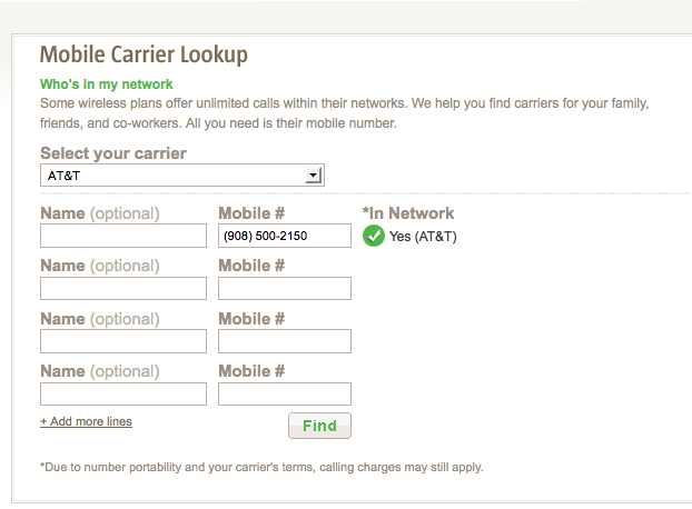 Screenshot of a 'Mobile Carrier Lookup' web page with fields for carrier, name, and mobile number