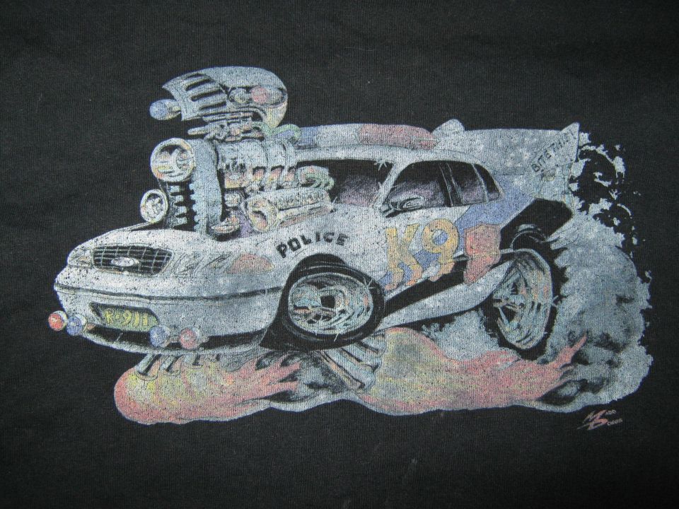 Drawing of a white police car with a massive supercharger, "POLICE" and "K9" text, and flames