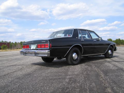 1991 Ford LTD Crown Victoria - Rear view of a black sedan with a chrome bumper and 'CAPRICE' badging on the trunk.